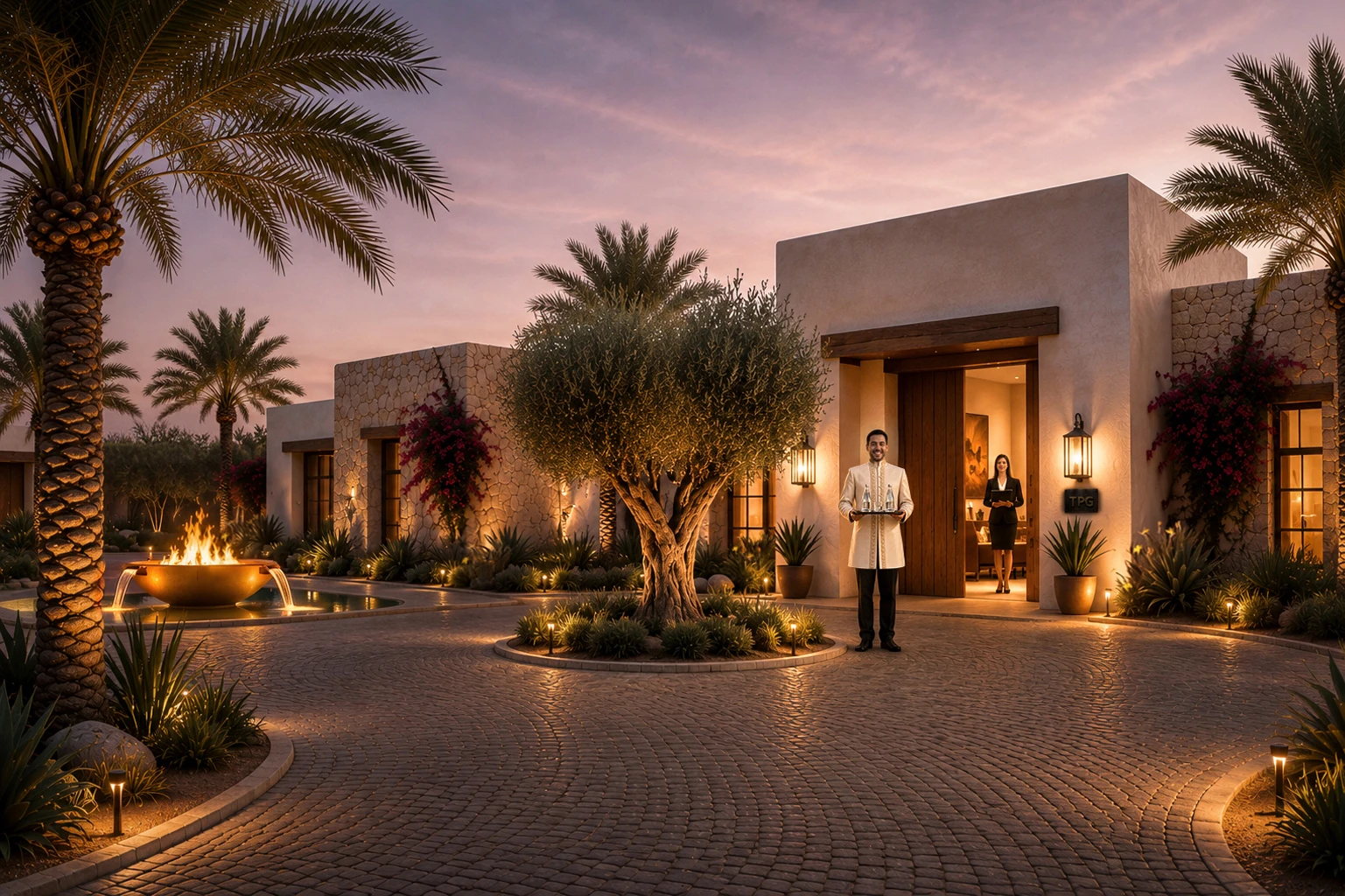 Luxury resort entrance with professionally enhanced architectural lighting and atmosphere.